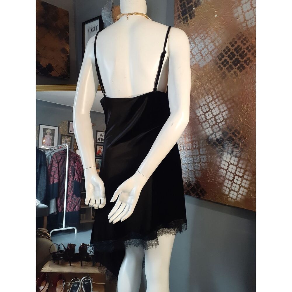 Zara Nwt Black Velvet Asymmetric Slip Dress with Lace Trim - Picture 6 of 16